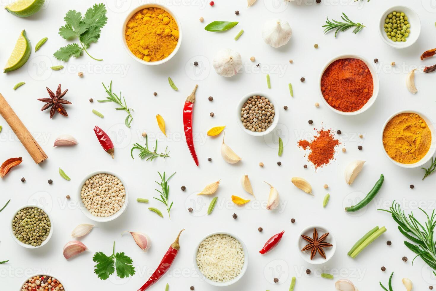 Pattern with aromatic herbs and spices on white background photo