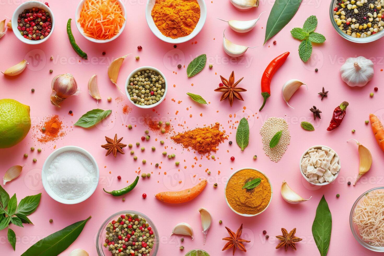 Pattern with aromatic herbs and spices on pink background photo