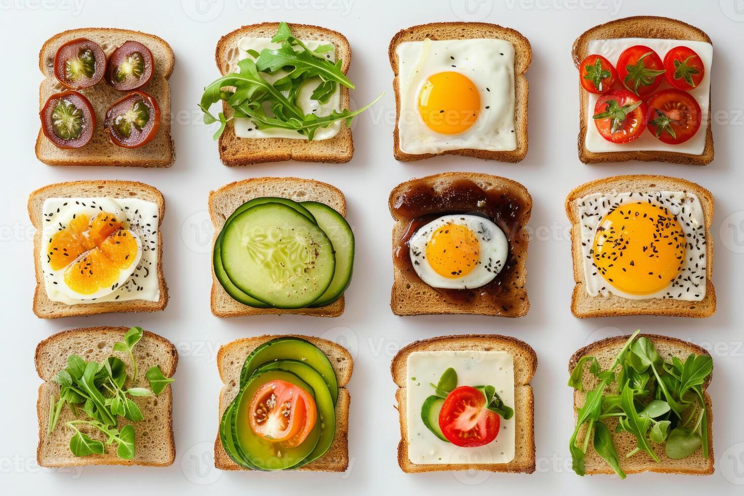 Delicious toasts with various toppings for breakfast, top view photo