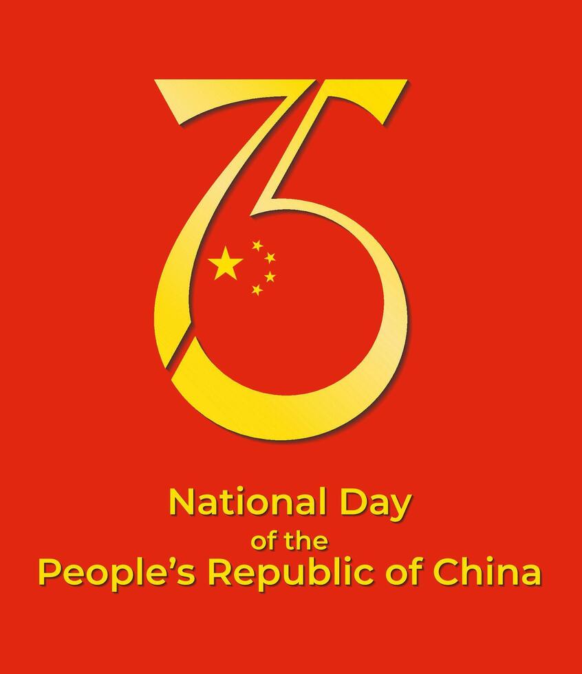 75th Anniversary National Day of the People's Republic of China. Independence Day greeting poster. Festivity card with gold number 75 and the Chinese flag. Design for logo, web, print, social media vector
