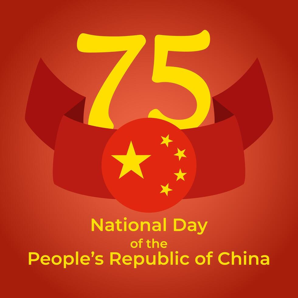 75th Anniversary National Day of the People's Republic of China. Independence Day greeting card. Large yellow number 75 and Chinese flag on gradient backdrop. Design for logo, web, print, social media vector