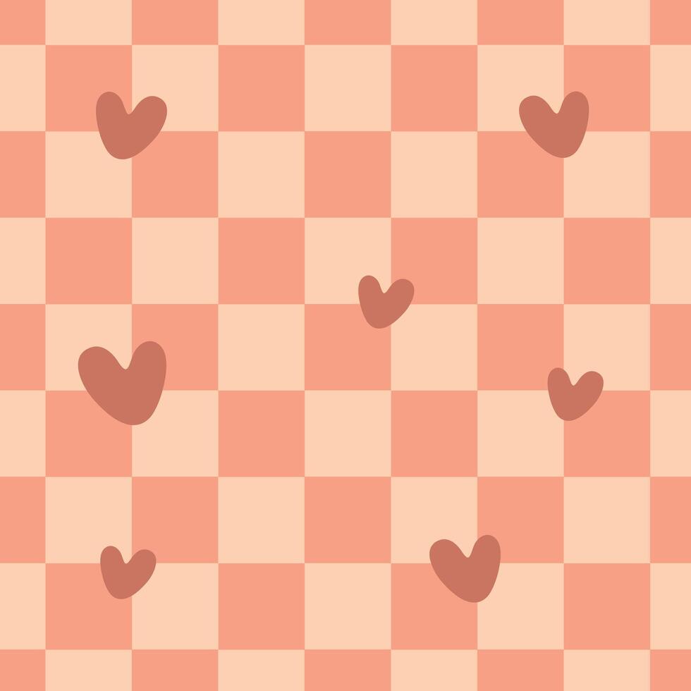 Seamless Heart Pattern on Peach Pink Checkered Background vector