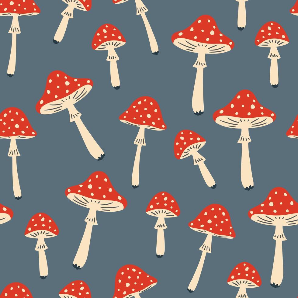 seamless pattern with red fly agarics, flat style illustrations vector