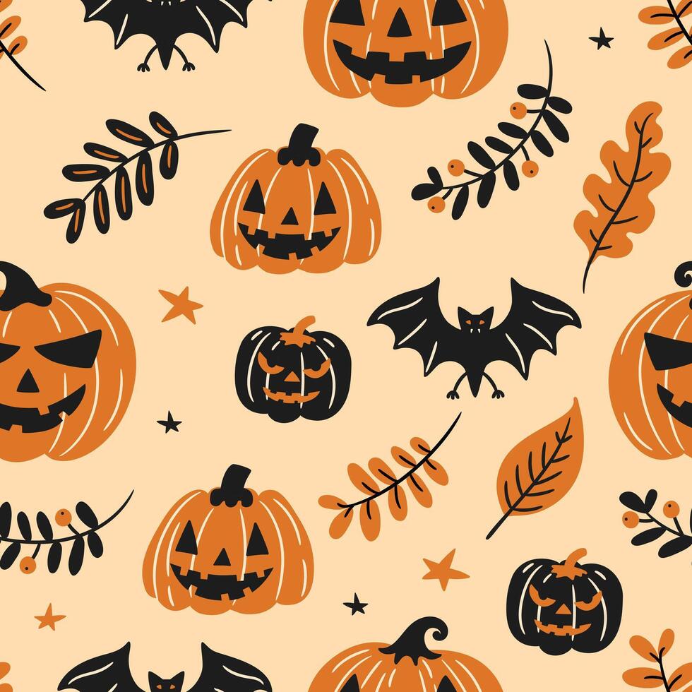 seamless background with cartoon halloween illustrations with pumpkins and bats in autumn composition, flat style vector