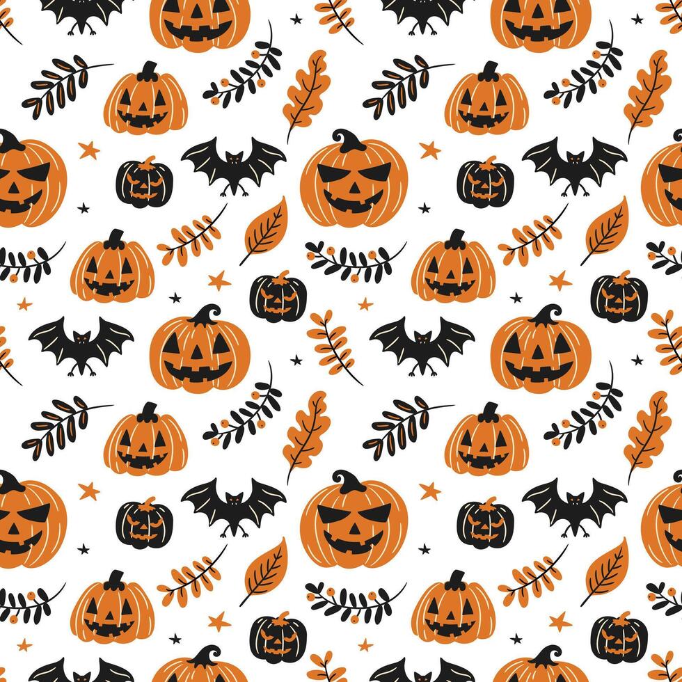 seamless background with cartoon halloween illustrations with pumpkins and bats in autumn composition, flat style vector
