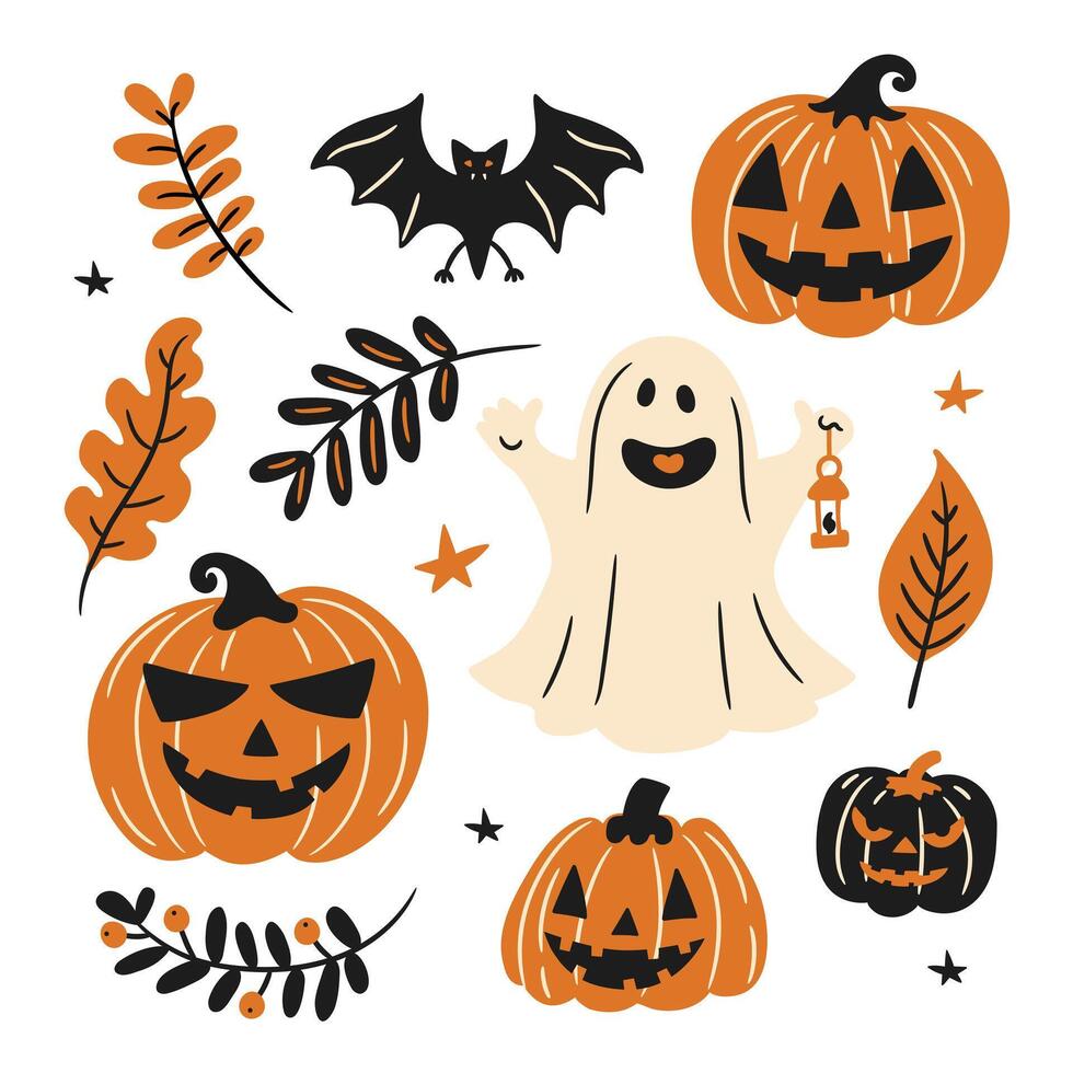 Set of cartoon halloween illustrations with pumpkins, ghost and bats in autumn composition, flat style vector