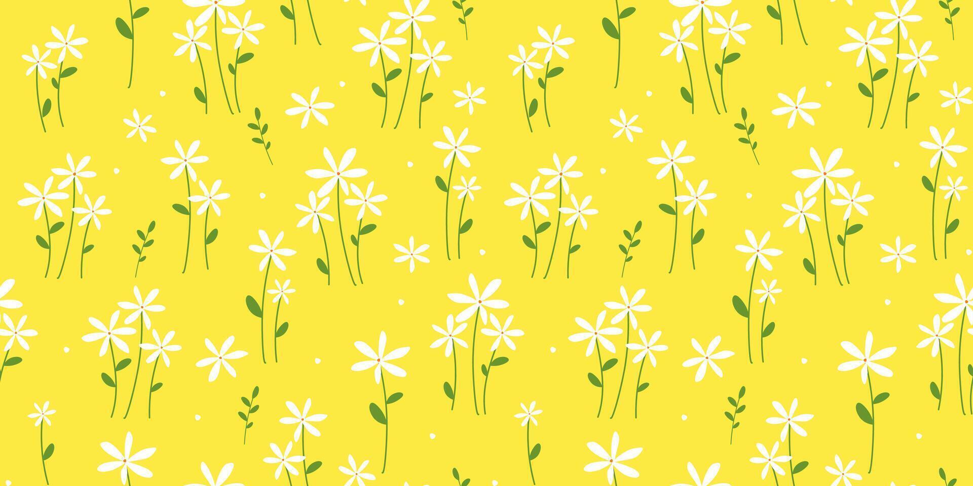 Seamless pattern with cute white daisy flowers on a yellow background. Summer delicate bloom print. vector