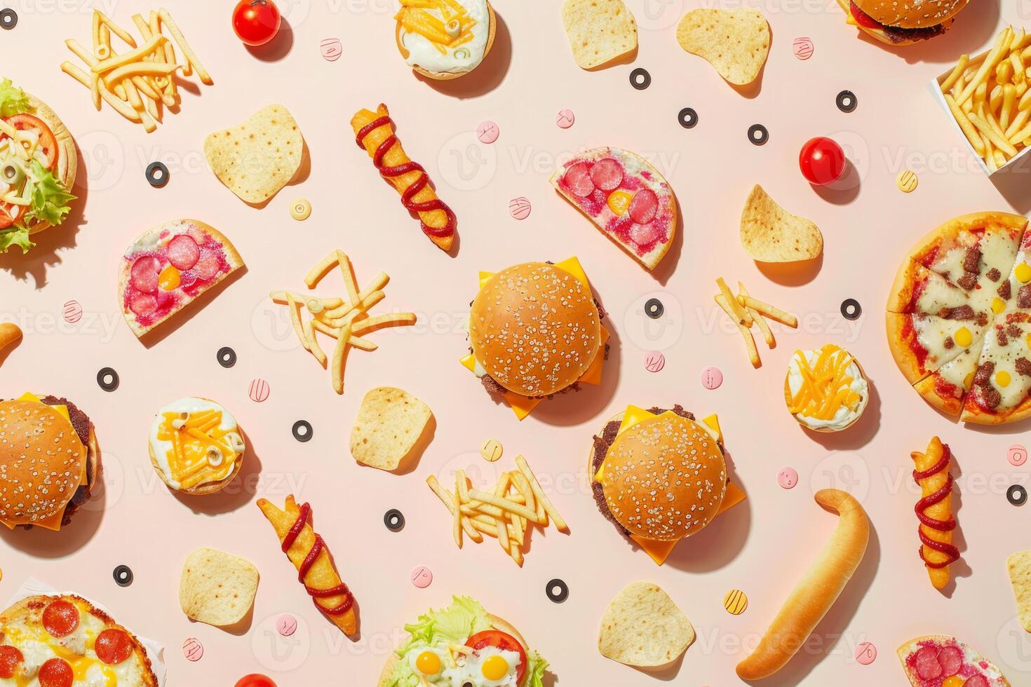 Delicious fast food pattern with tasty burgers and pizza slices photo