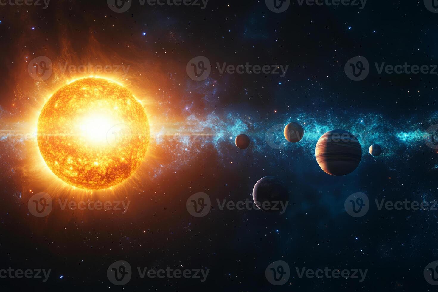 Planetary system orbiting a star in deep space photo