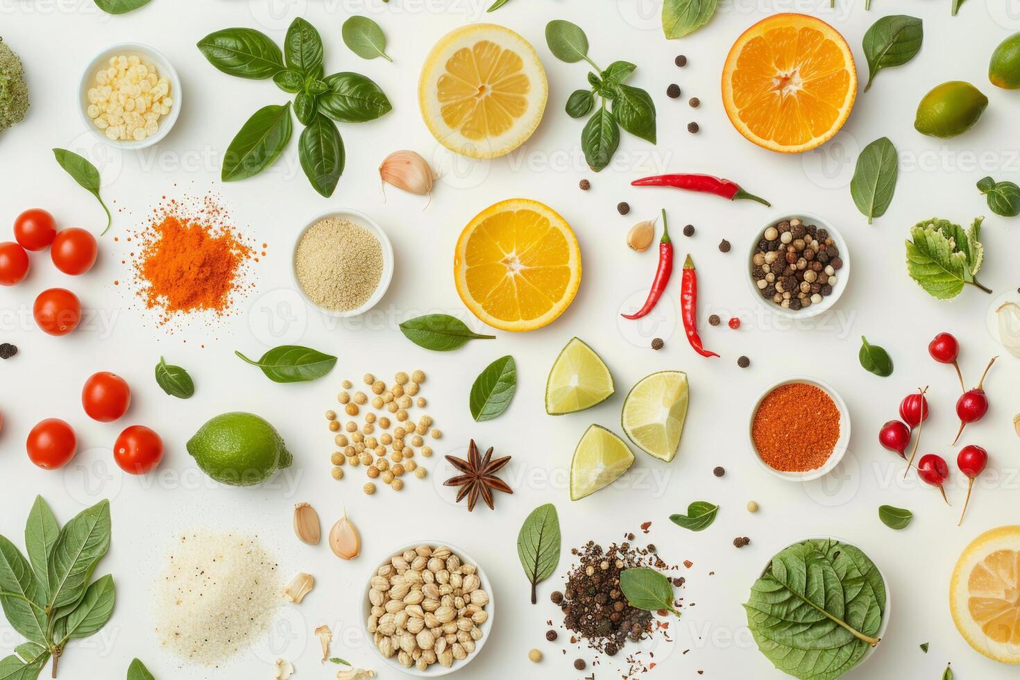 Pattern with aromatic herbs and spices on white background photo
