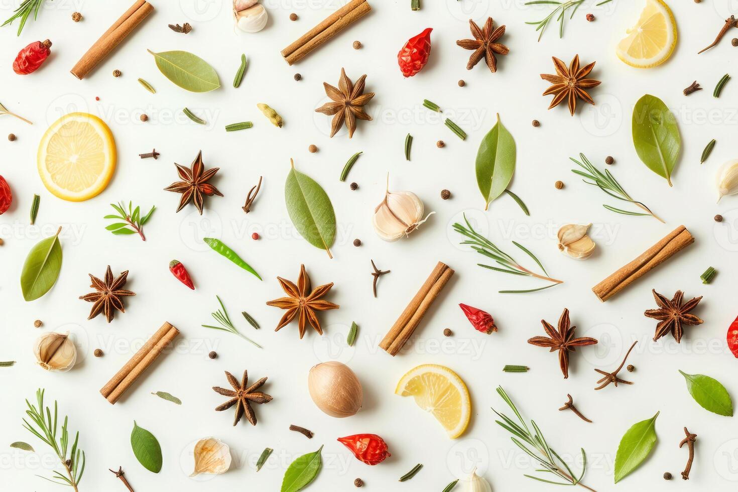 Pattern with aromatic herbs and spices on white background photo