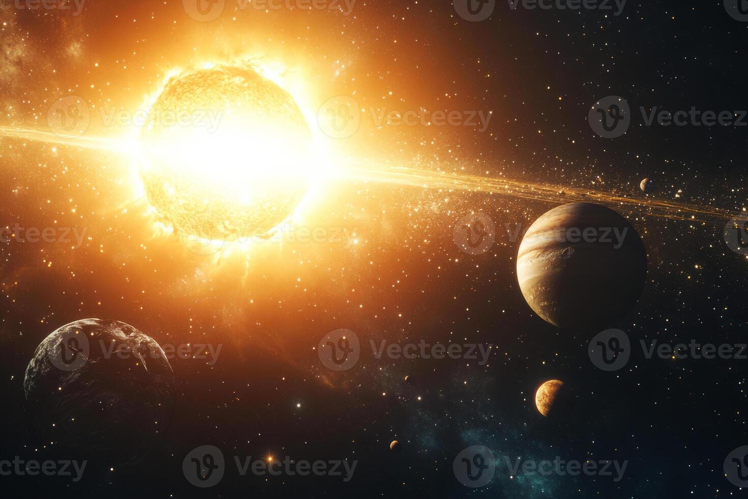 Planetary system orbiting a star in deep space photo