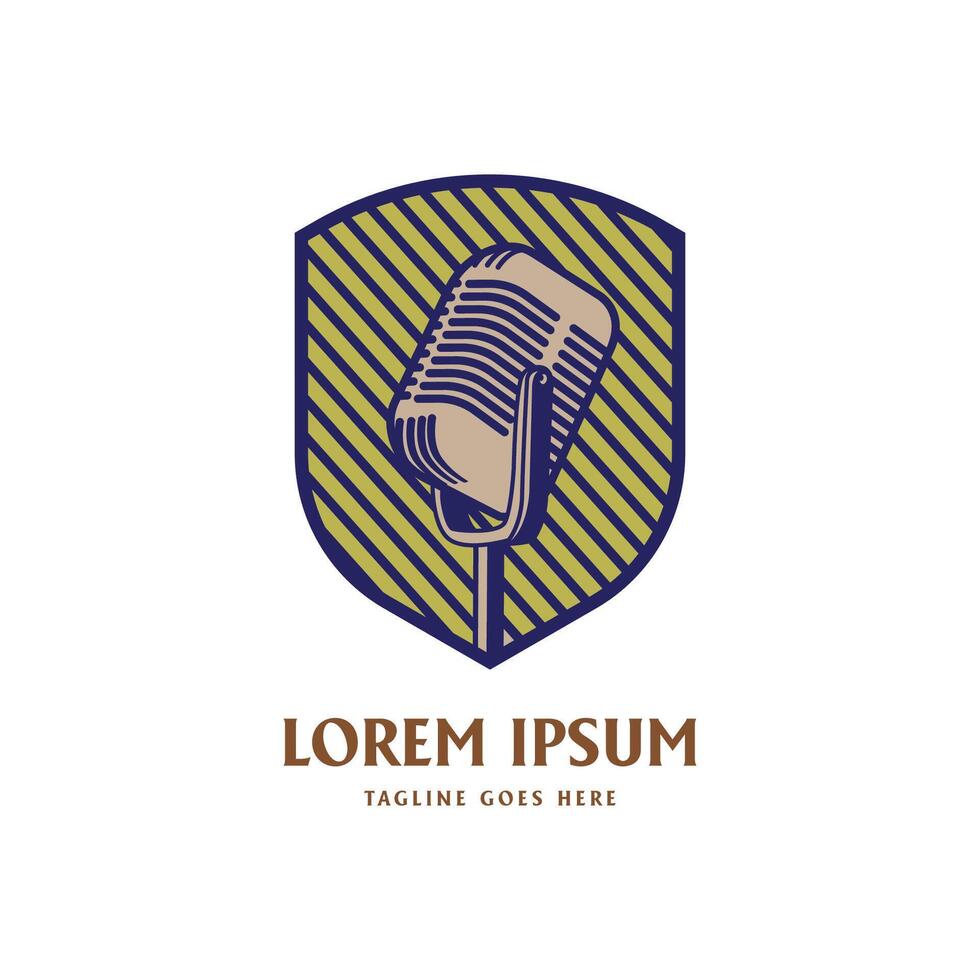 Vintage Shield Microphone Mic Icon for Podcast Radio Broadcast for Entertainment Comedian or Sing Badge Emblem design vector