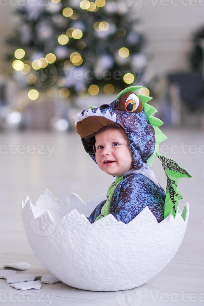 A cute baby character in a dragon costume sits in an egg shell photo