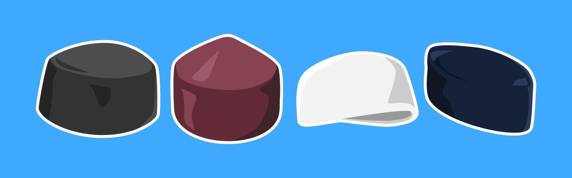Collection of muslim cap, skull cap, songkok, or kopiah with flat style. Isolated on blue background. Graphic illustration. vector