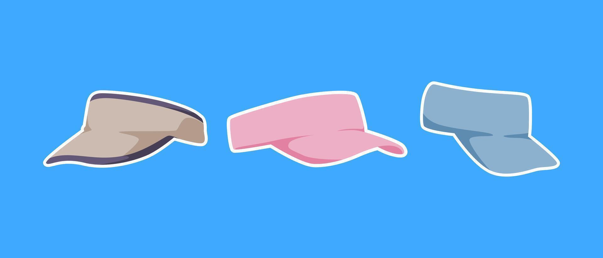Collection of visor cap, golf, tennis, sport hat with flat style. Isolated on blue background. Graphic illustration. vector