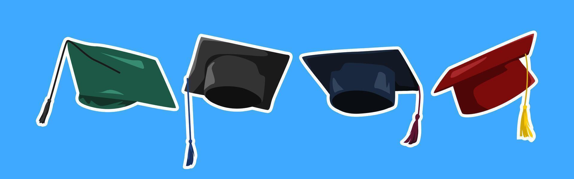 Collection of graduation cap with flat style. Isolated on blue background. Graphic illustration. vector