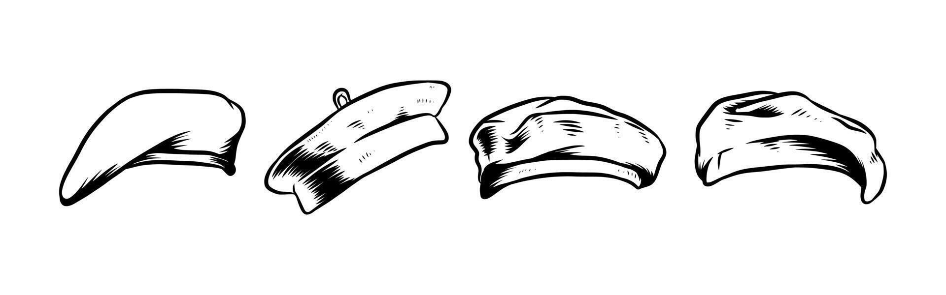 Set Hand drawn vintage engraving of beret hat, military hat, artist hat. Isolated on white background. Graphic illustration. vector
