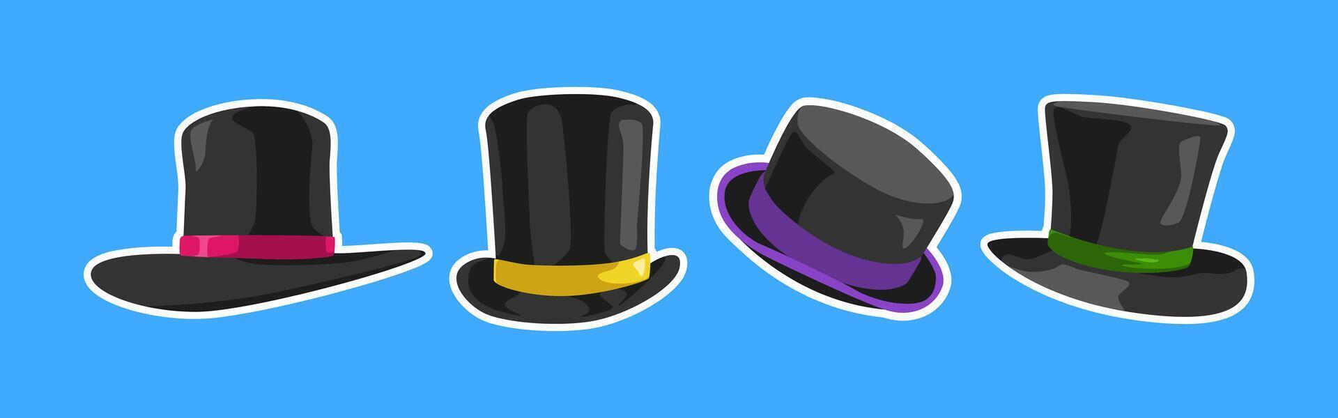 Collection of top hat, magician hat with flat style. Isolated on blue background. Graphic illustration. vector