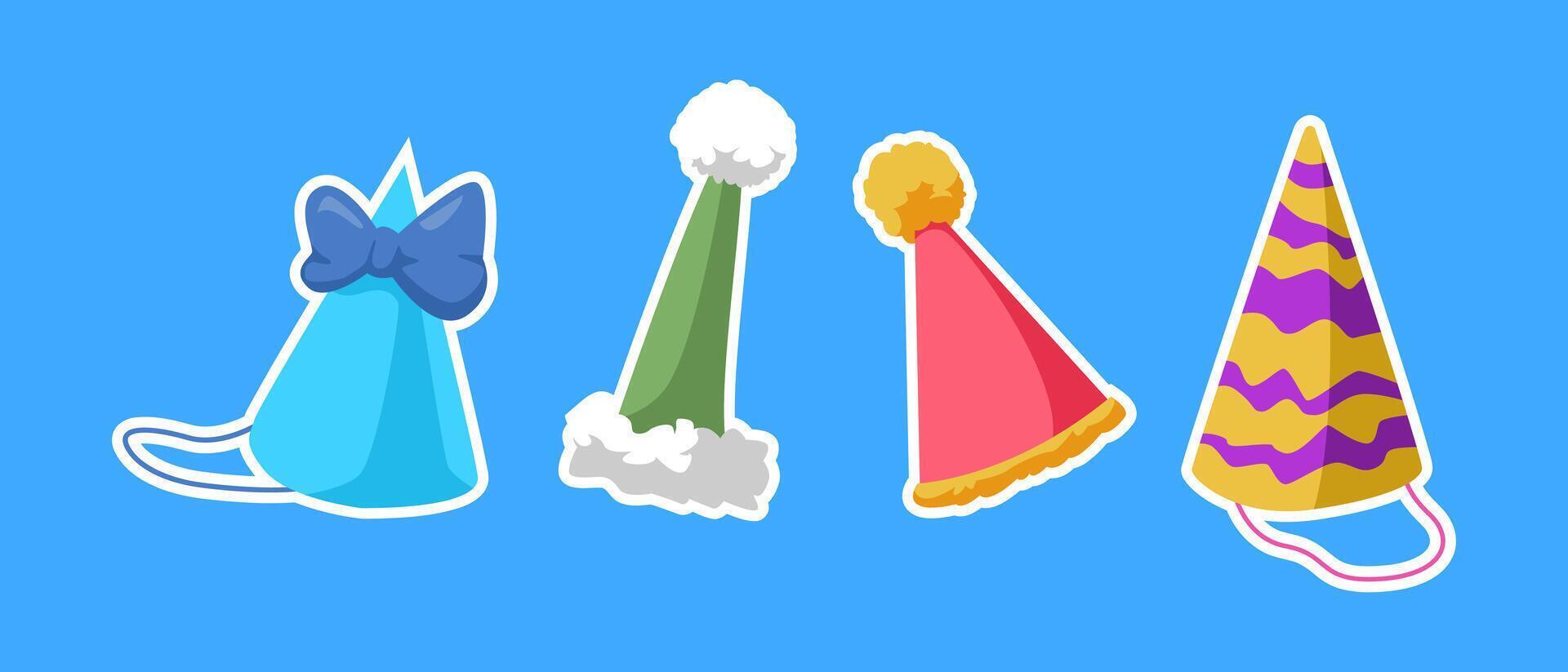 Collection of party, birthday hat with flat style. Isolated on blue background. Graphic illustration. vector