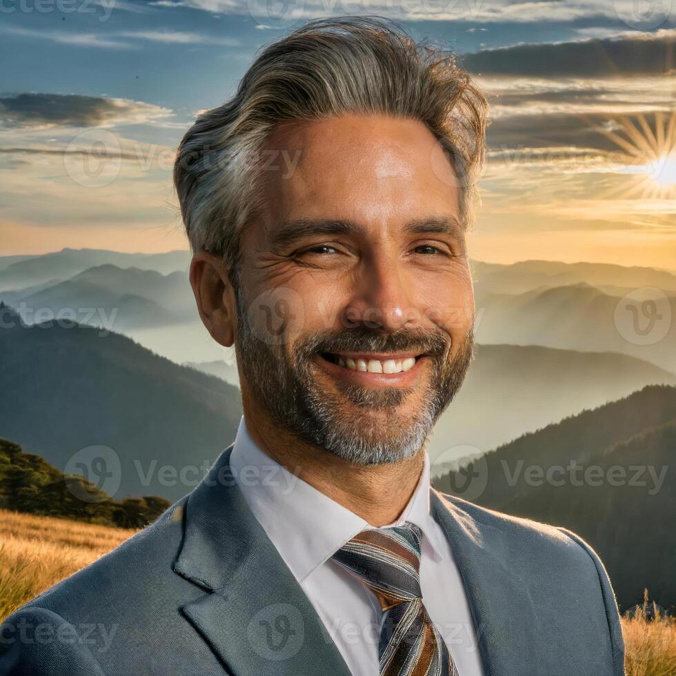 Portrait of professional man in a suit and tie, Businessman confidently smiling against mountain sunrise, capturing success and peaceful nature. the serene backdrop adds focus photo