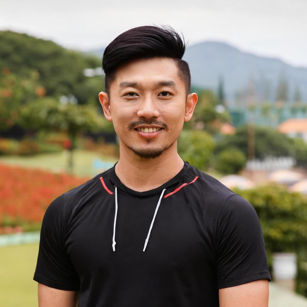 Portrait of fit Asian man standing in open green area with trees and hills, Park or recreational area. Wearing black athletic attire, smiling confidently. Concepts - fitness, nature, happiness. photo