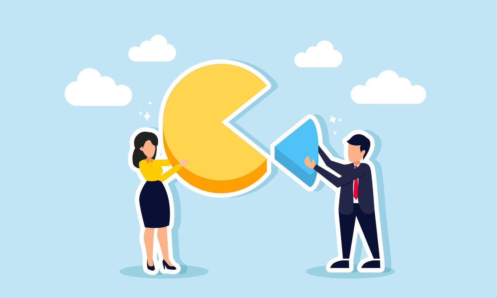 Completing assigned tasks within a team at the company concept of A businesswoman holding a large portion of a pie chart and a businessman carrying a smaller piece vector