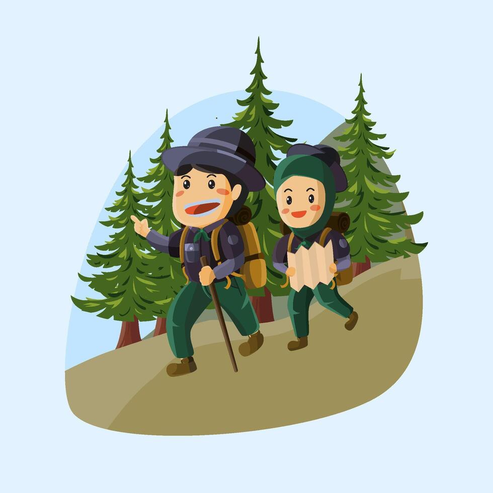man and woman climbing mountain with many pine trees cute illustration vector