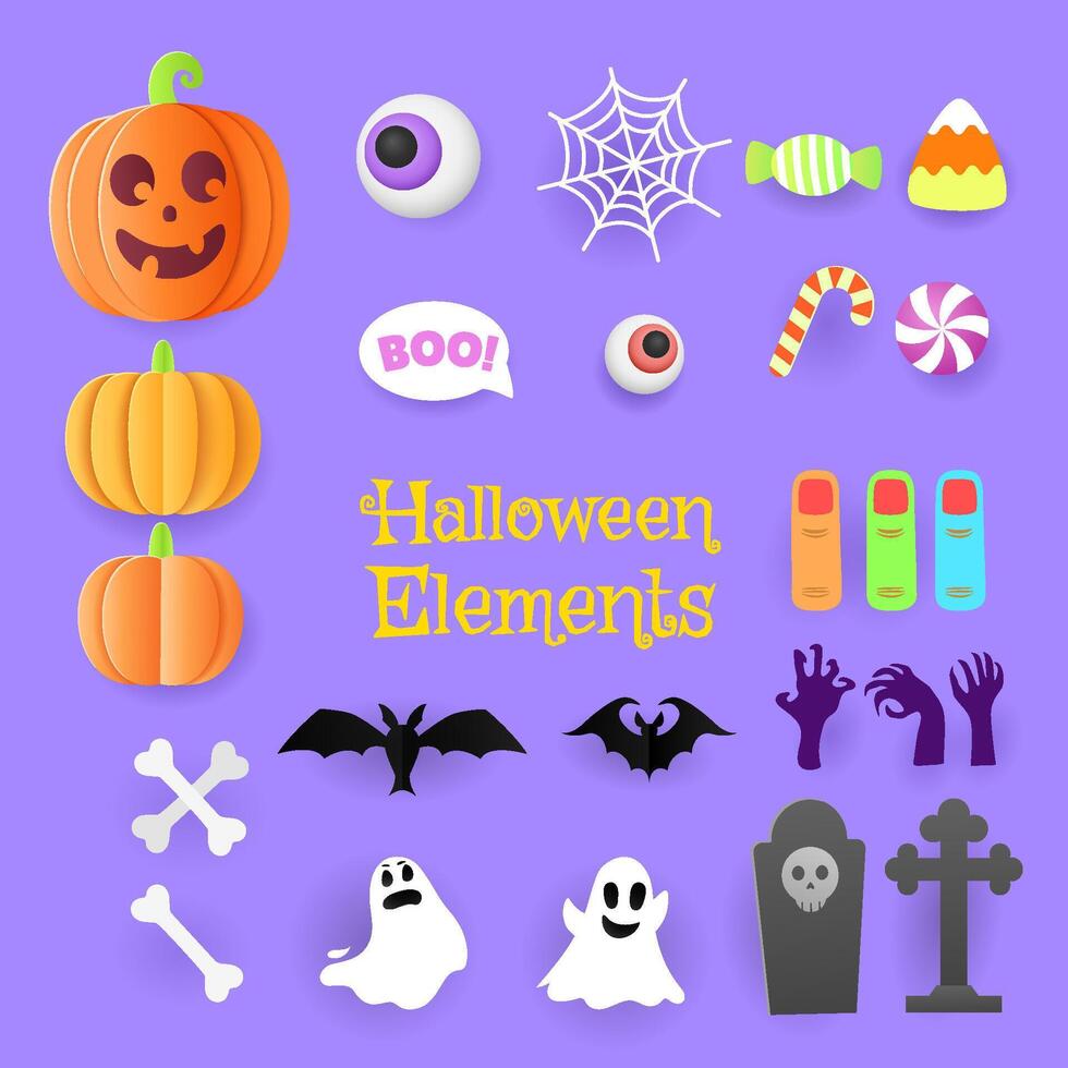 Halloween object icon set papercut design. Can be used for banner, symbol, element for your design isolated background vector