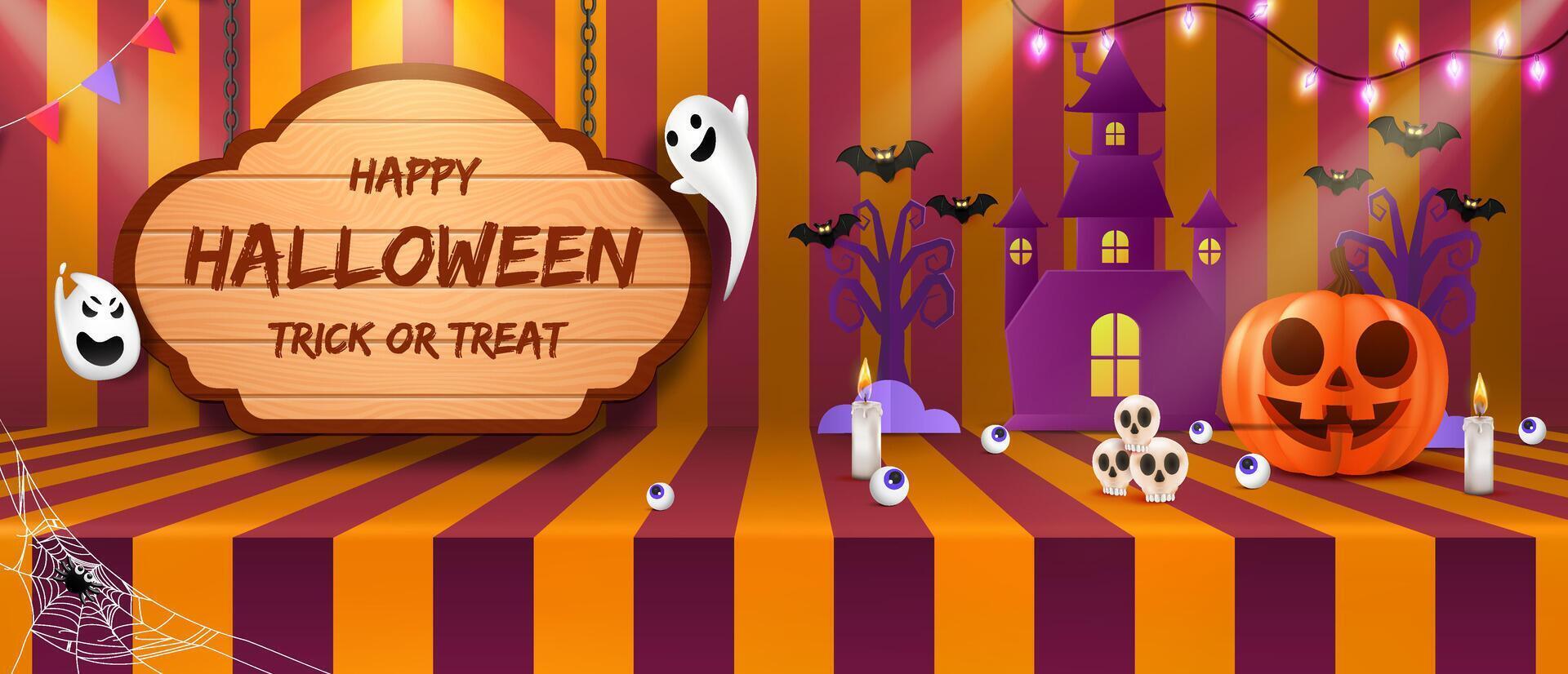 Cheerful Halloween greeting card backdrop featuring pumpkins, bats, flags, and a glowing fiesta lamp vector