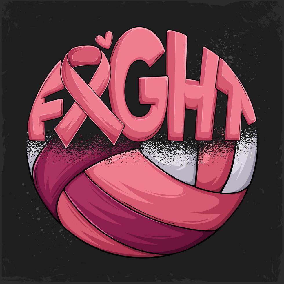 Hand drawn Breast Cancer awareness half pink Volleyball ball fight word calligram with pink ribbon vector