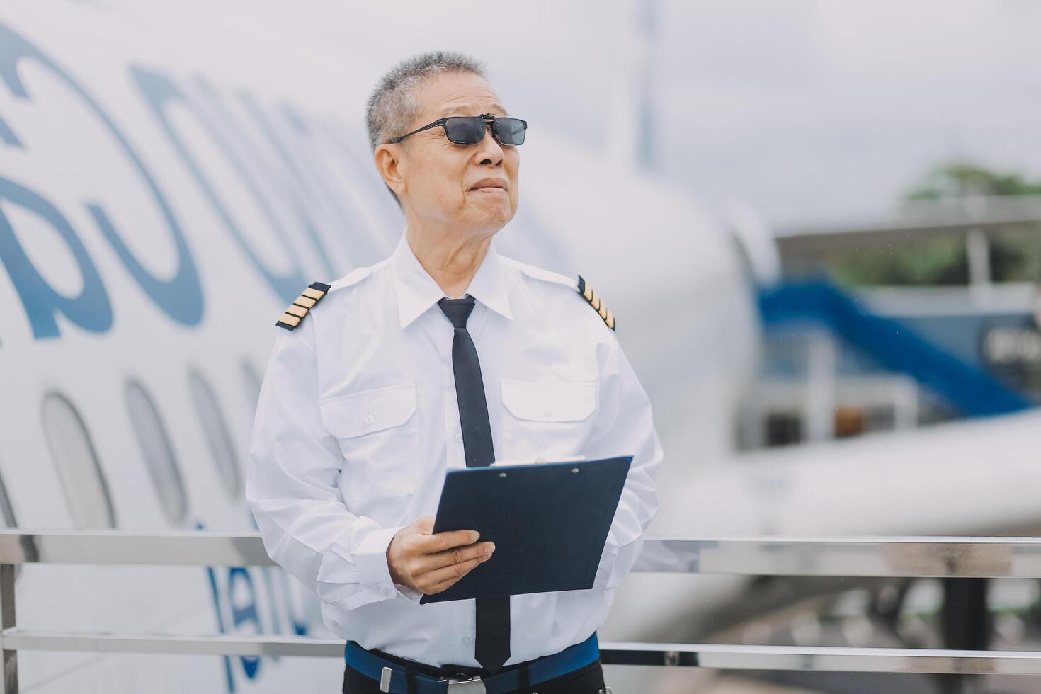 Professional pilot woman in uniform has teamwork meeting for success flight in aviation business. Young female captain instructor sitting in office and working or training commercial airline crew. photo