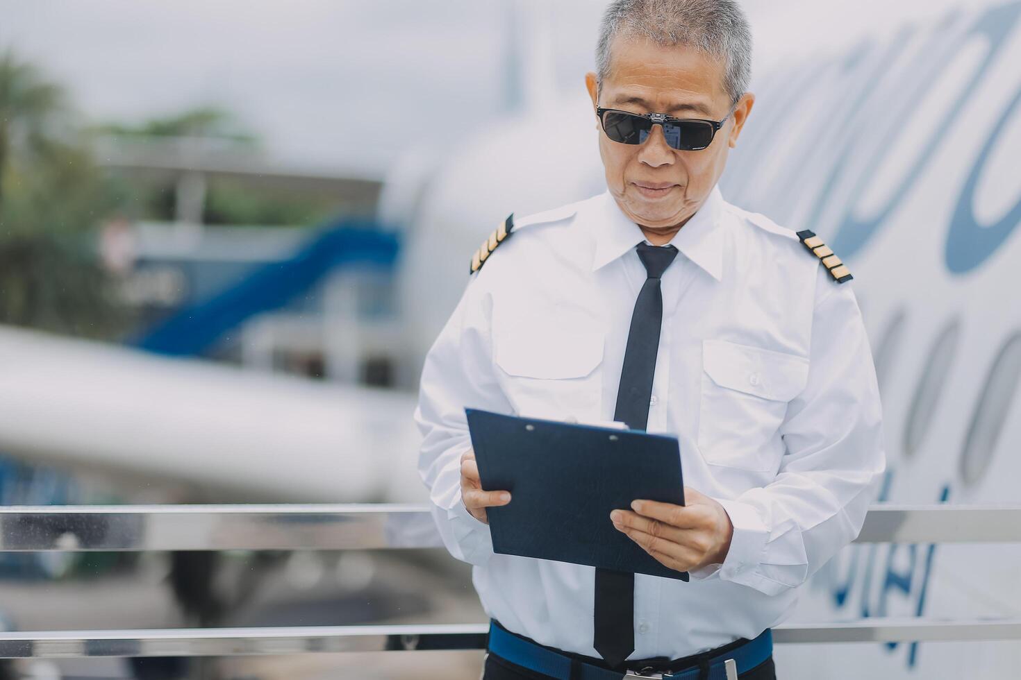 Professional pilot woman in uniform has teamwork meeting for success flight in aviation business. Young female captain instructor sitting in office and working or training commercial airline crew. photo