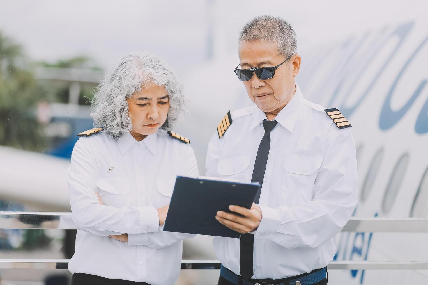 Professional pilot woman in uniform has teamwork meeting for success flight in aviation business. Young female captain instructor sitting in office and working or training commercial airline crew. photo