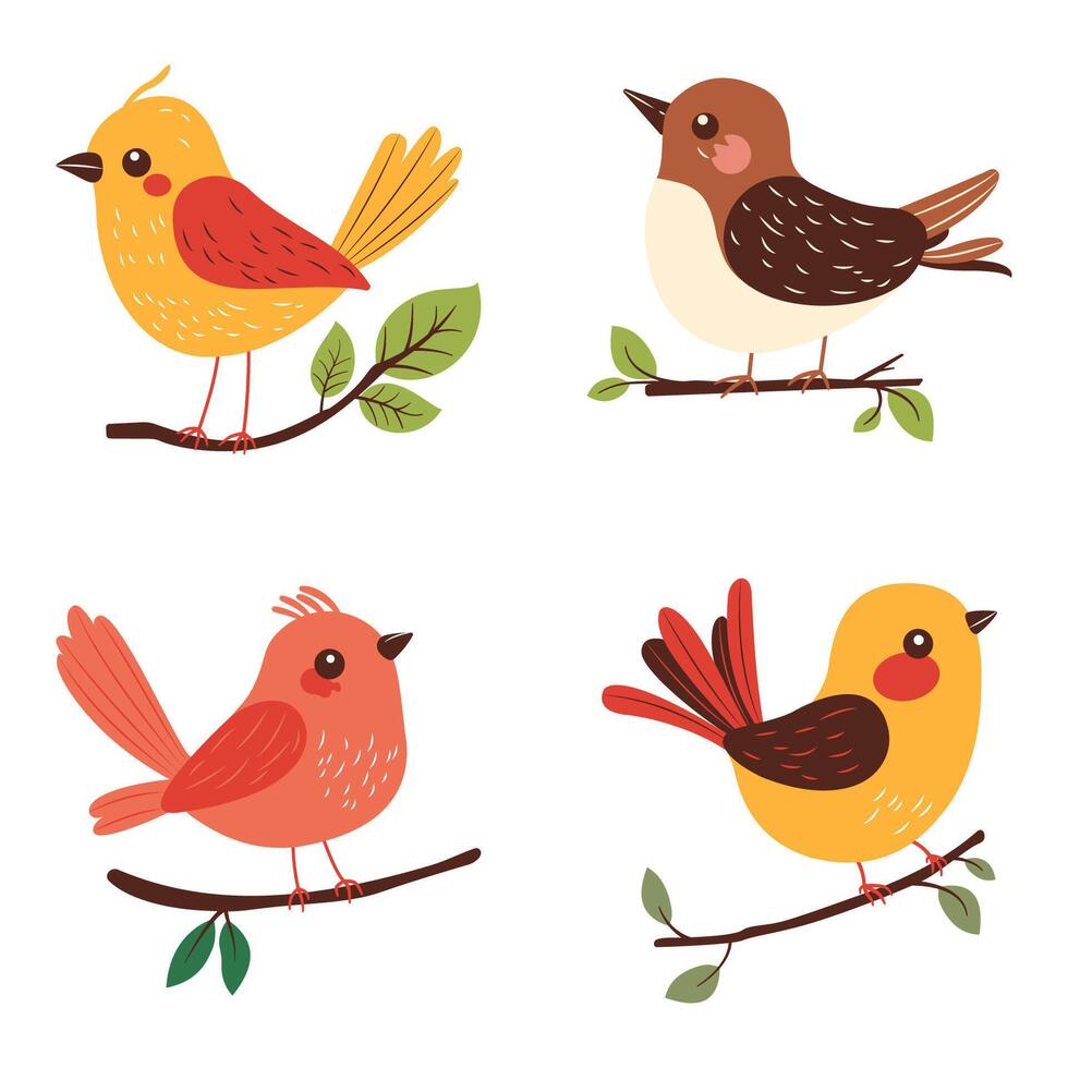 Collection of Cute Bird Animal on Tree Branch vector