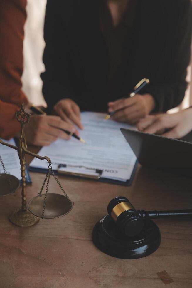 Mediation client meeting lawyer consulting government help, Businessman and Male lawyer or judge consult having team meeting with client, Law and Legal services concept. photo