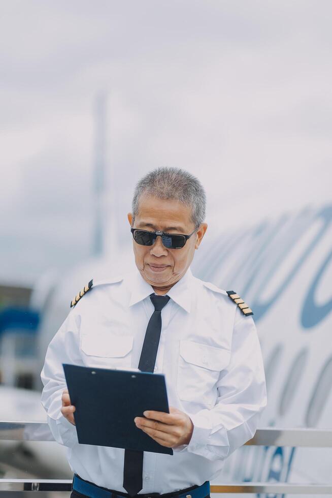 Professional pilot woman in uniform has teamwork meeting for success flight in aviation business. Young female captain instructor sitting in office and working or training commercial airline crew. photo