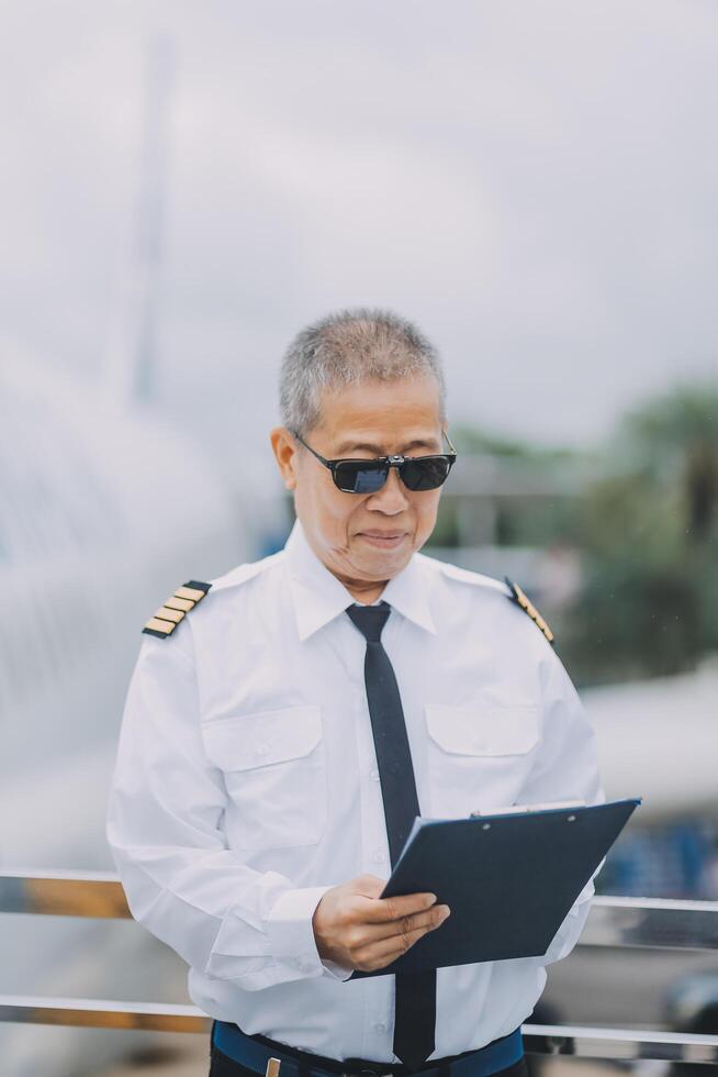 Professional pilot woman in uniform has teamwork meeting for success flight in aviation business. Young female captain instructor sitting in office and working or training commercial airline crew. photo