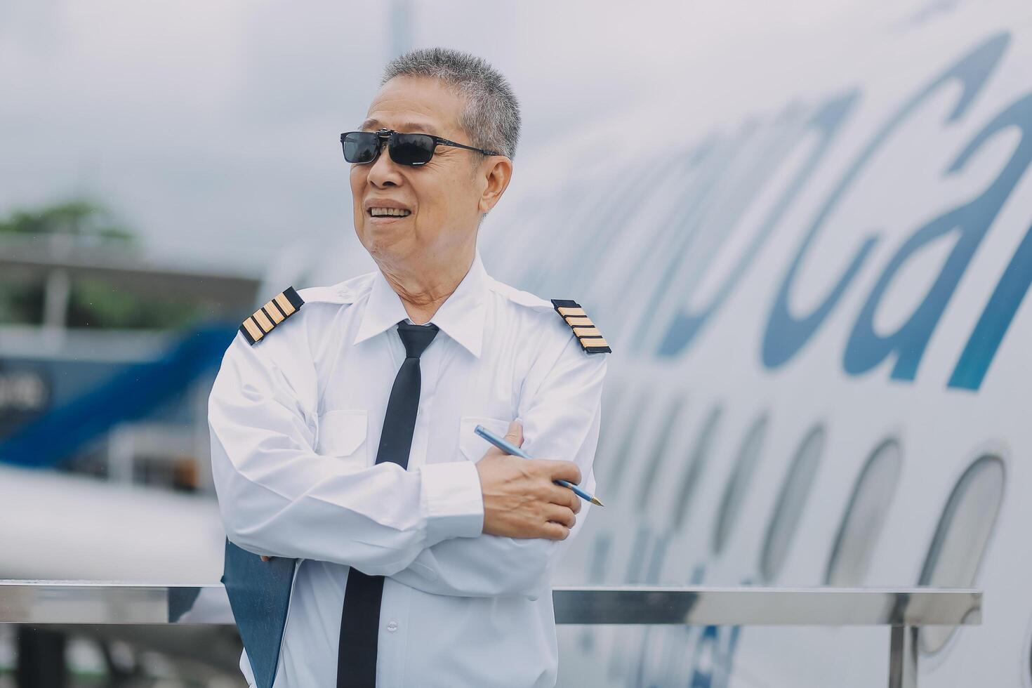Professional pilot woman in uniform has teamwork meeting for success flight in aviation business. Young female captain instructor sitting in office and working or training commercial airline crew. photo