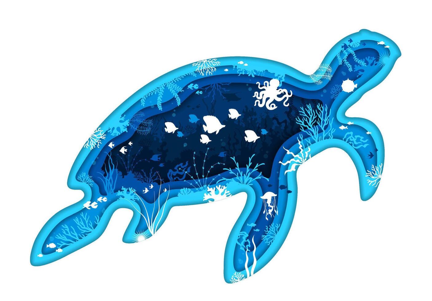 Paper cut turtle silhouette, underwater landscape vector