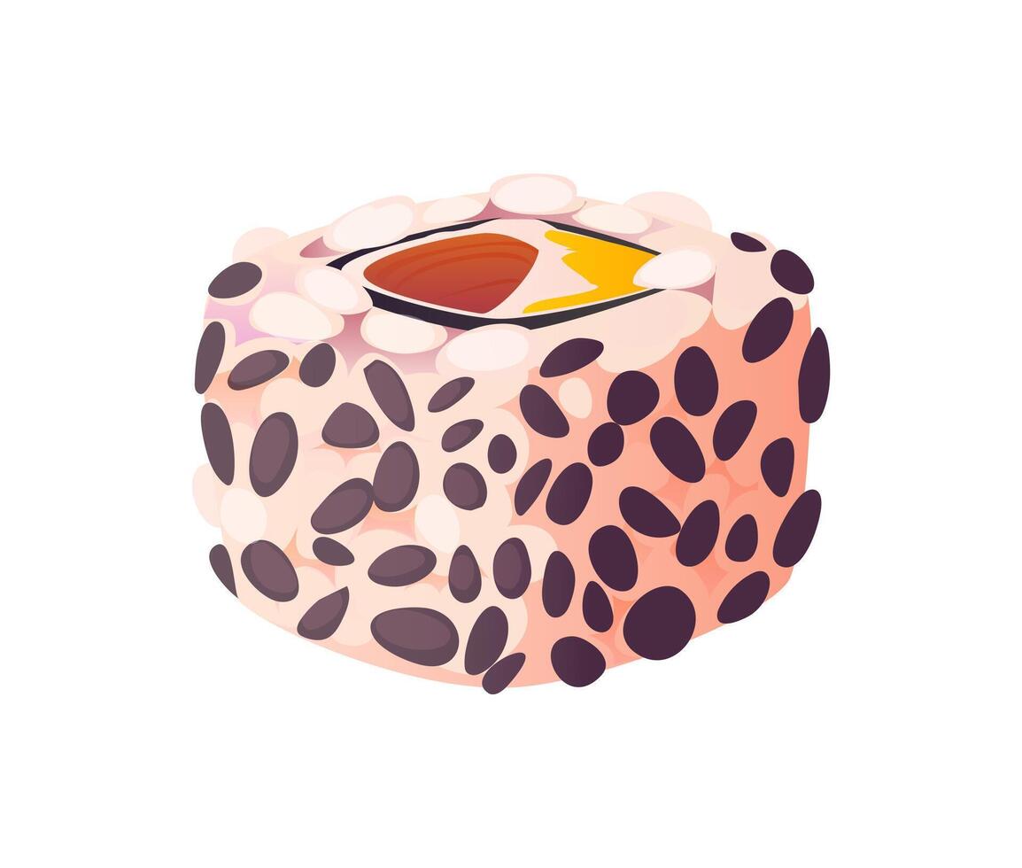 Cartoon uramaki Japanese sushi with black seeds vector