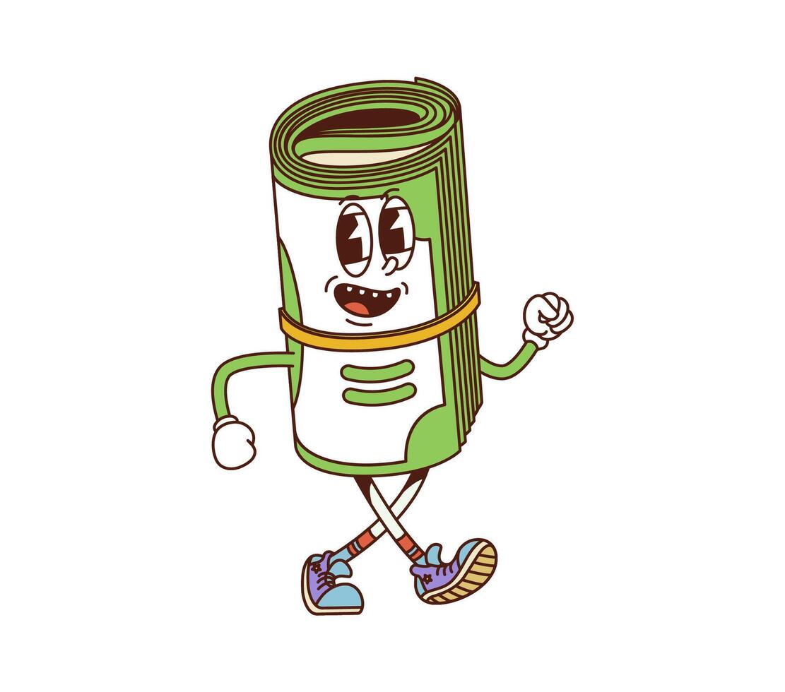 Cartoon rolled banknote groovy finance character vector