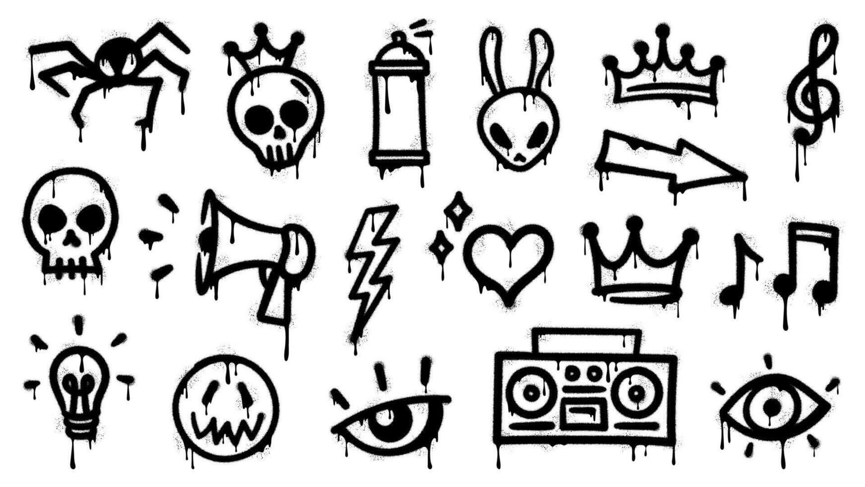Graffiti spray paint, grunge ink icons set vector