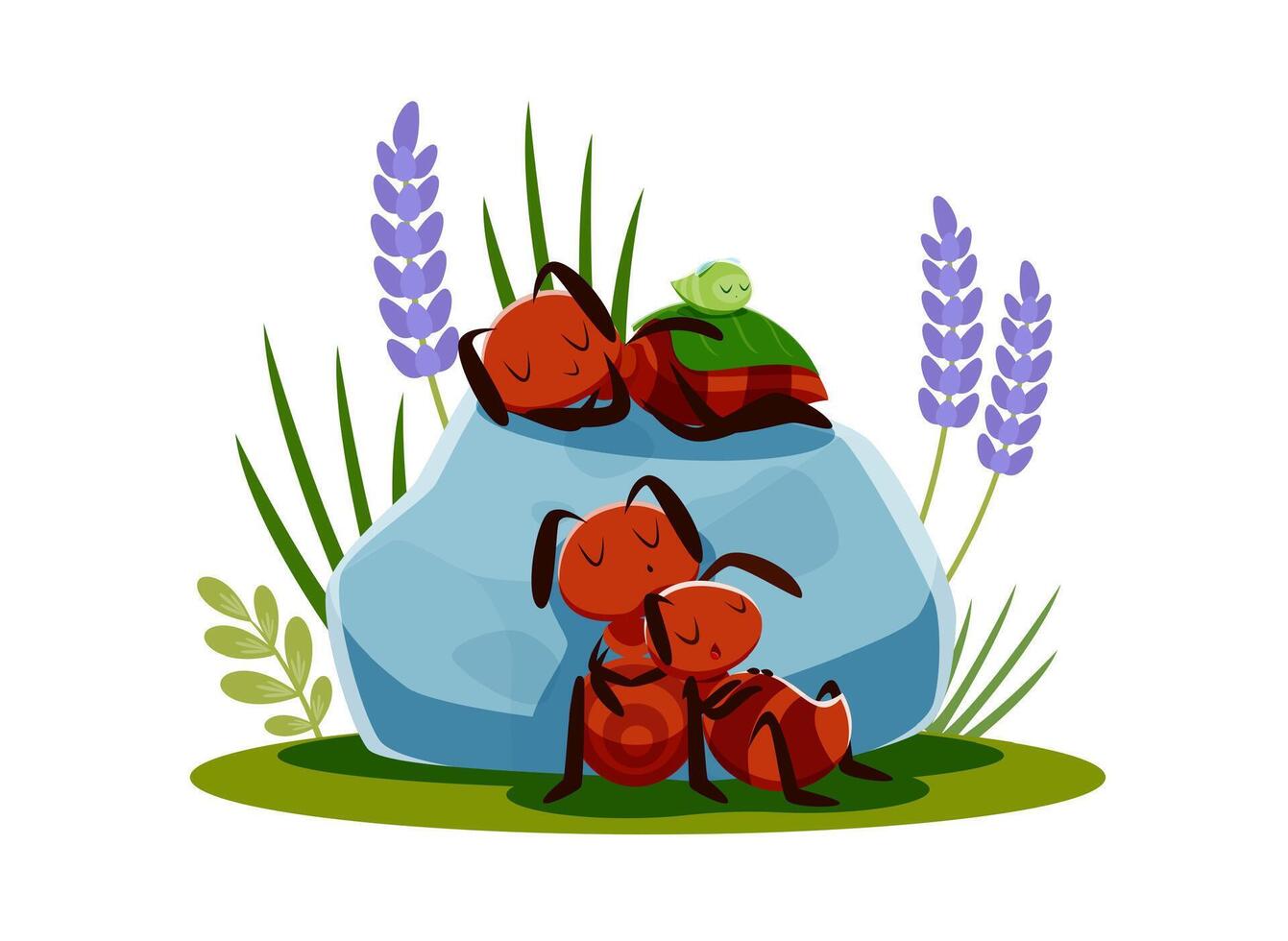 Ants family characters sleeping at meadow on stone vector