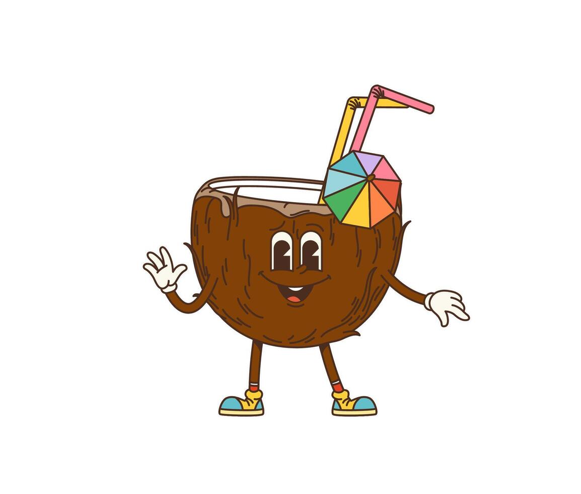Cartoon retro groovy coconut cocktail character vector
