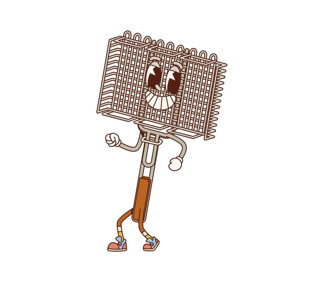 Grill rack retro groovy cartoon barbeque character vector