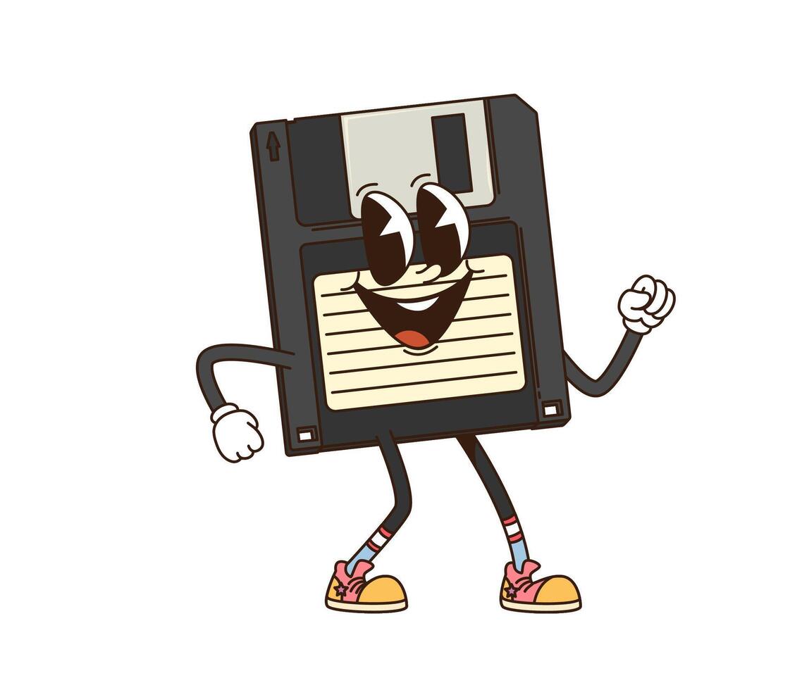 Cartoon groovy computer diskette retro character vector