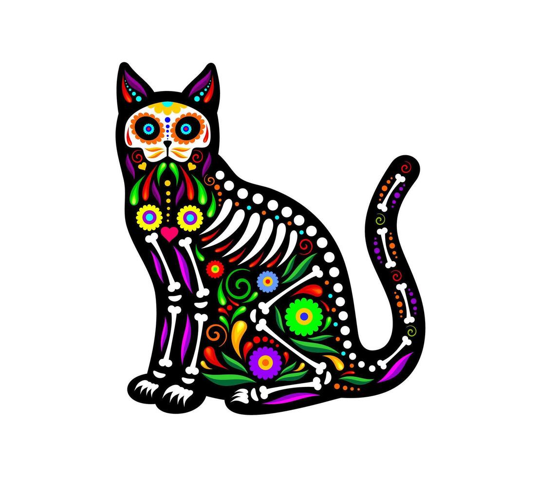 Mexican cat animal tattoo, skeleton bones, flowers vector