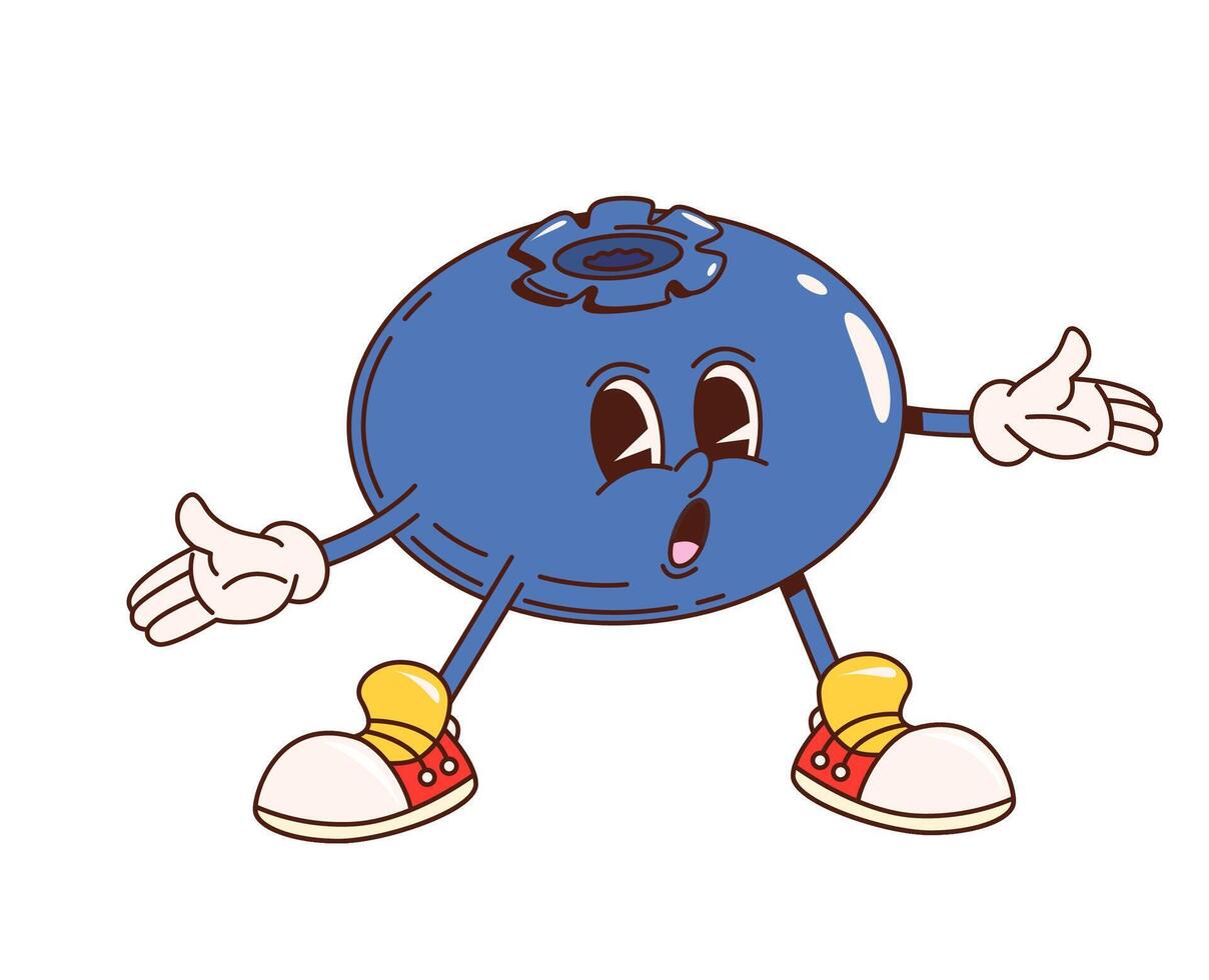 Retro groovy surprised blueberry berry character vector
