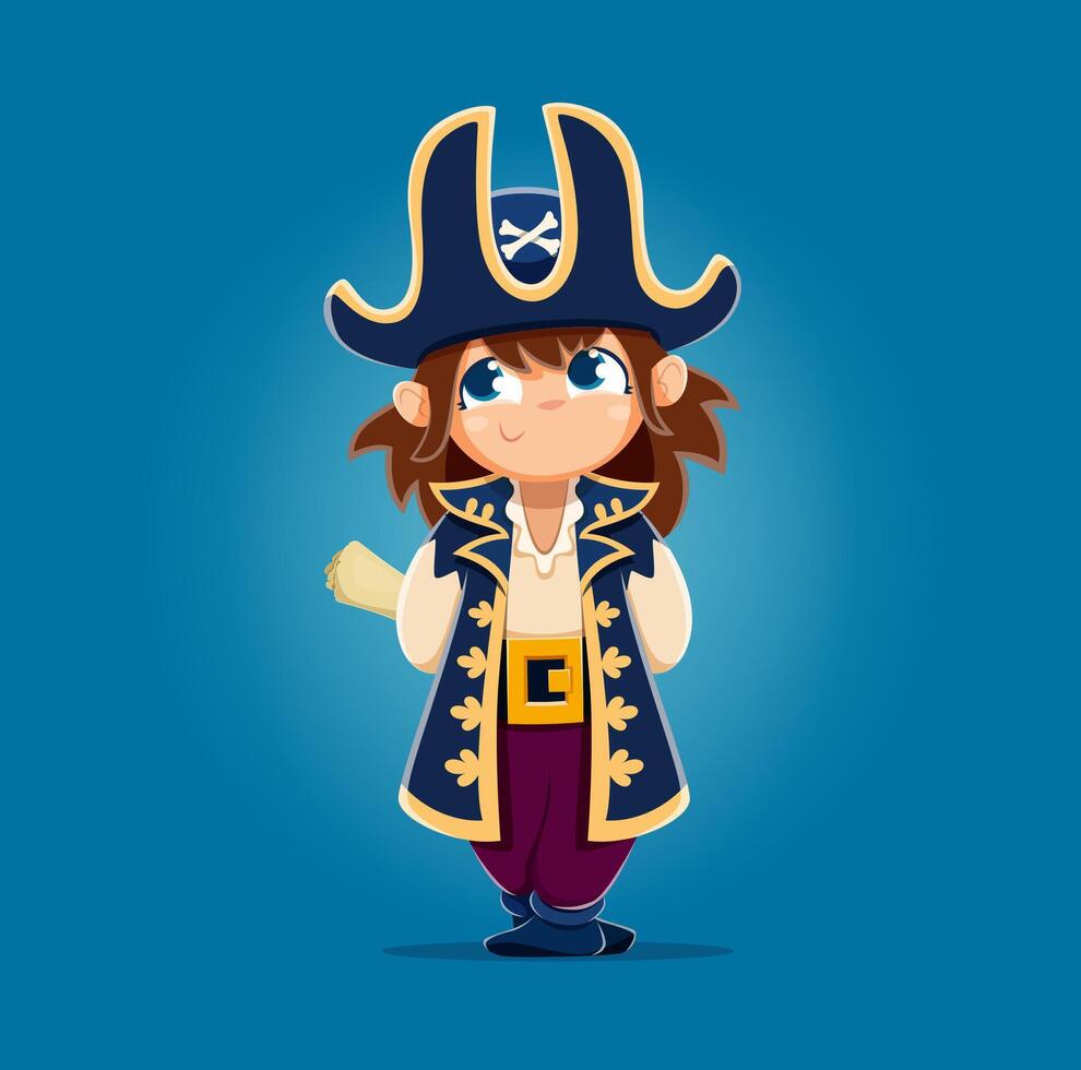 Cartoon kid girl pirate corsair, captain with map vector